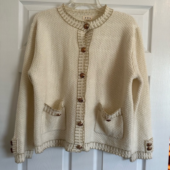 POL CREAM WITH GOLD BUTTONS CHUNKY CABLE KNIT CARDIGAN SWEATER WITH POCKETS SZ M - Picture 1 of 3